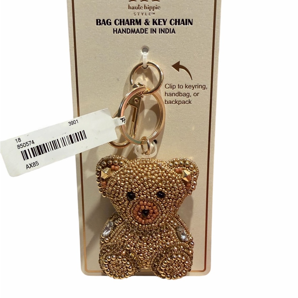 Haute Hippie Gold Beaded and Rhinestone Bear Keychain Charm